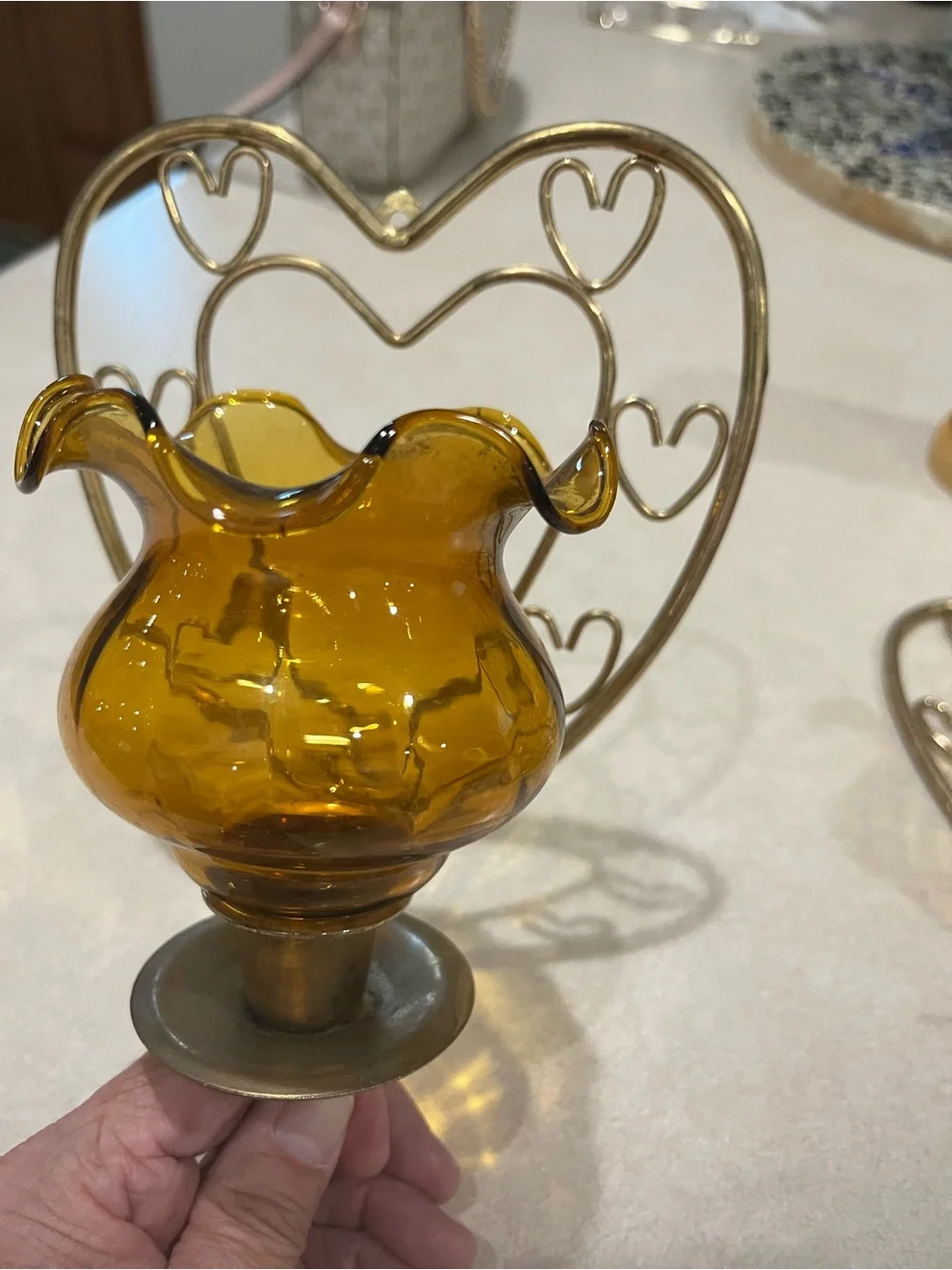 Home Interiors Amber Glass Heart Wall Sconces with Ruffled Shades